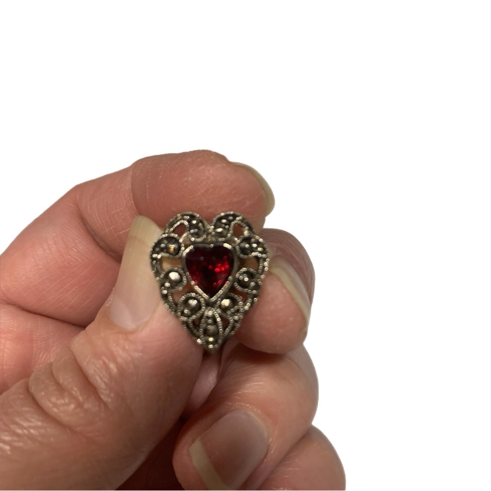 Vintage AVON Heart Lapel Pin Red Faux Jewel & Marcasite